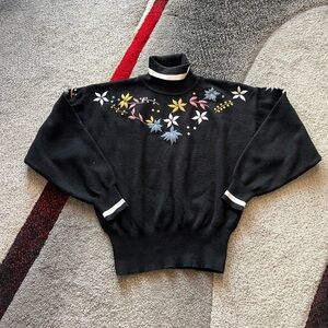 Obermeyer Vintage Black Floral Embroidered Turtleneck Sweater